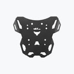Black motorcycle luggage carrier plate with multiple mounting holes on a white background