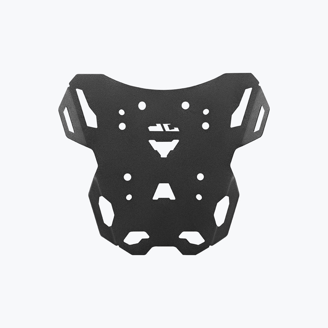 Black motorcycle luggage carrier plate with multiple mounting holes on a white background