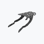 Black metal motorcycle luggage carrier rack with mounting brackets on white background