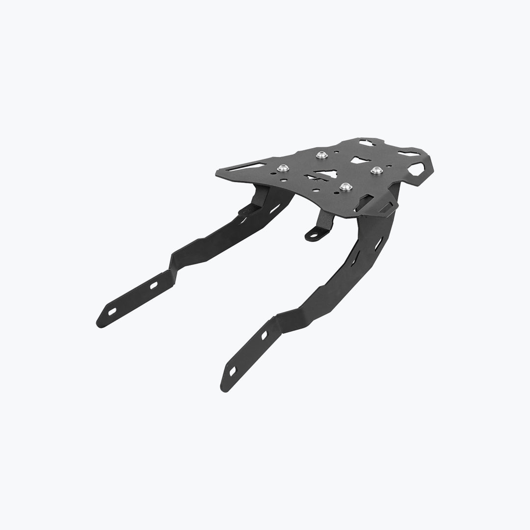 Black metal motorcycle luggage carrier rack with mounting brackets on white background
