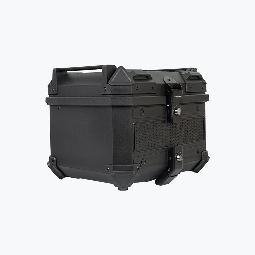 Black motorcycle top box with secure locks and backrest pad, rugged luggage case