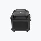 Black motorcycle top box with backrest pad, rugged hard case design