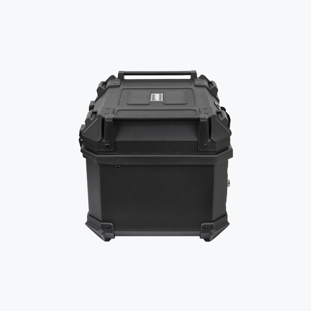 Black motorcycle top box with backrest pad, rugged hard case design