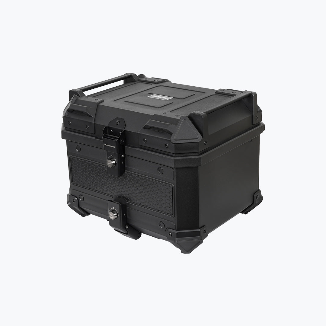 Black motorcycle top box with backrest pad and secure locking latch, rugged design