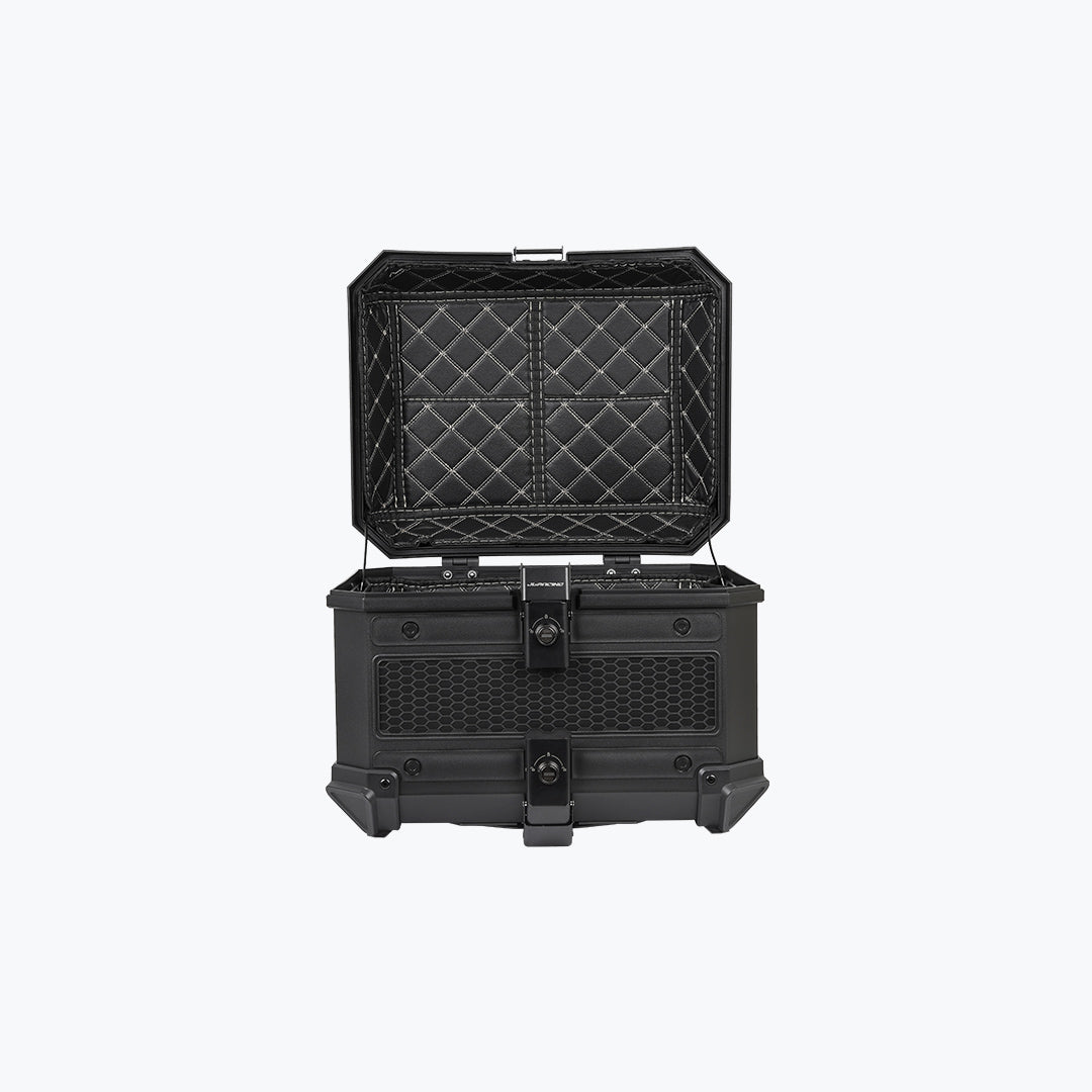 Black motorcycle top box with open lid, quilted lining, and backrest pad, front view