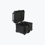 Black motorcycle top box with open lid and quilted interior, featuring backrest pad