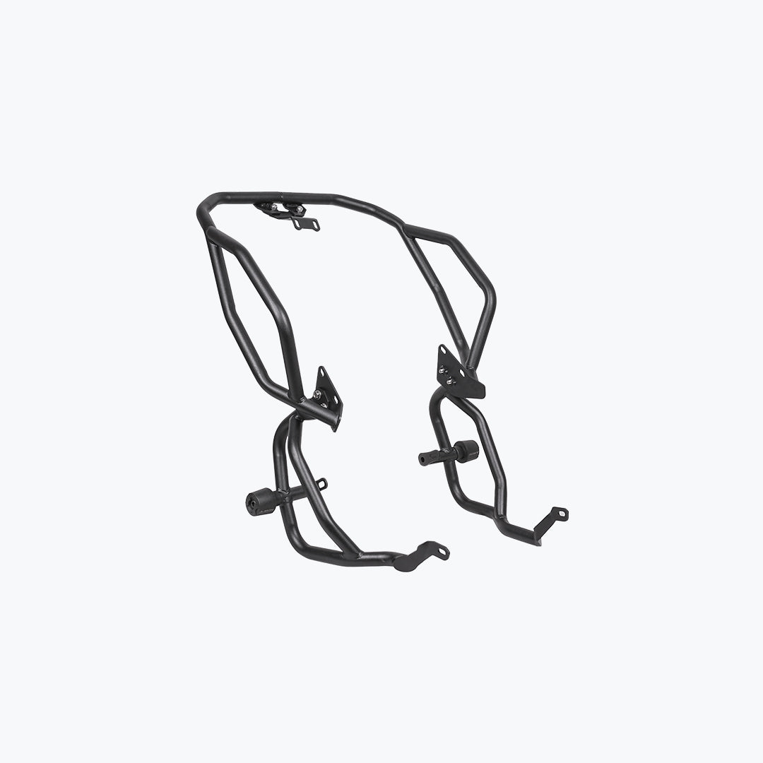 Black steel motorcycle crash guard frame on white background