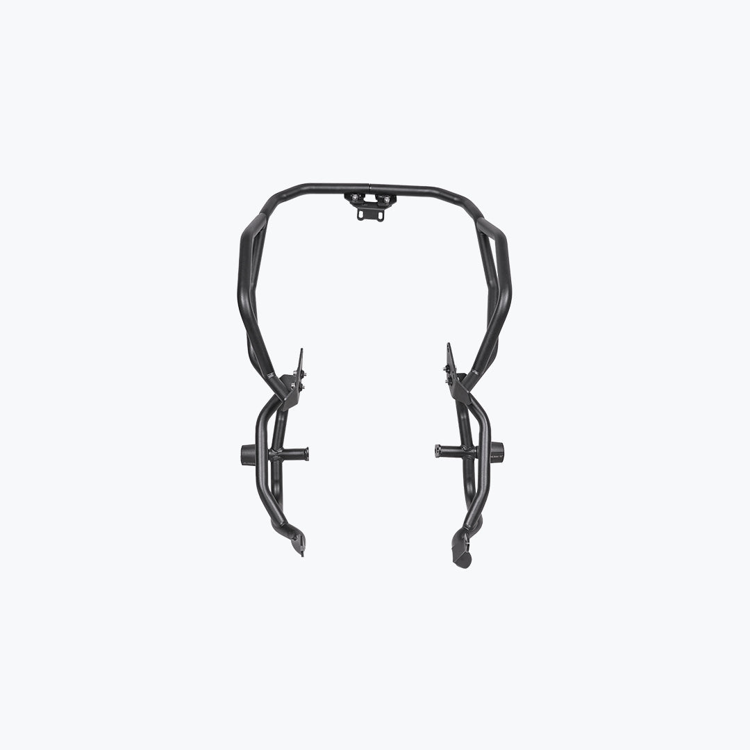 Black motorcycle crash guard frame on plain background, motorcycle protection accessory