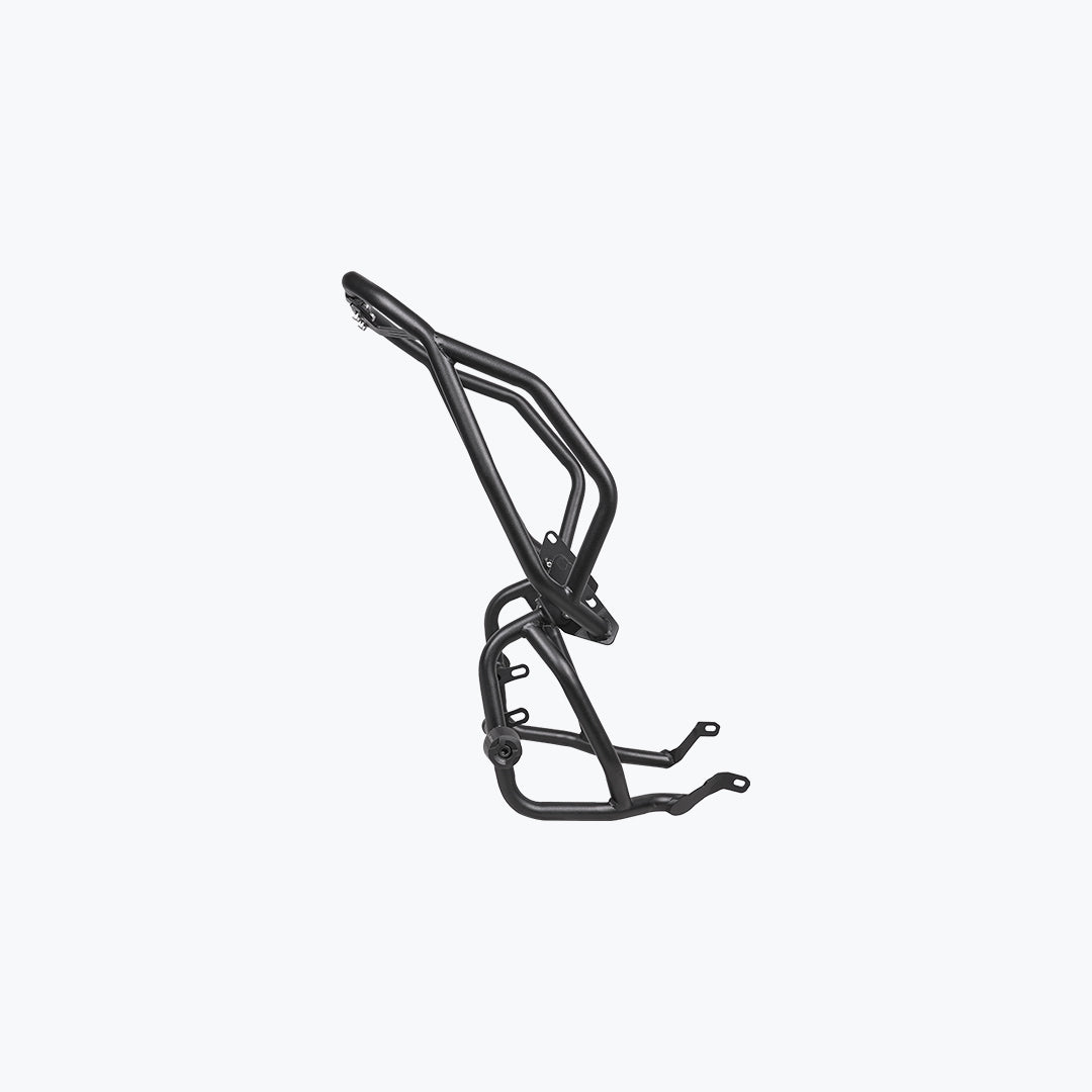 Black motorcycle crash guard frame with mounting points, isolated on white background