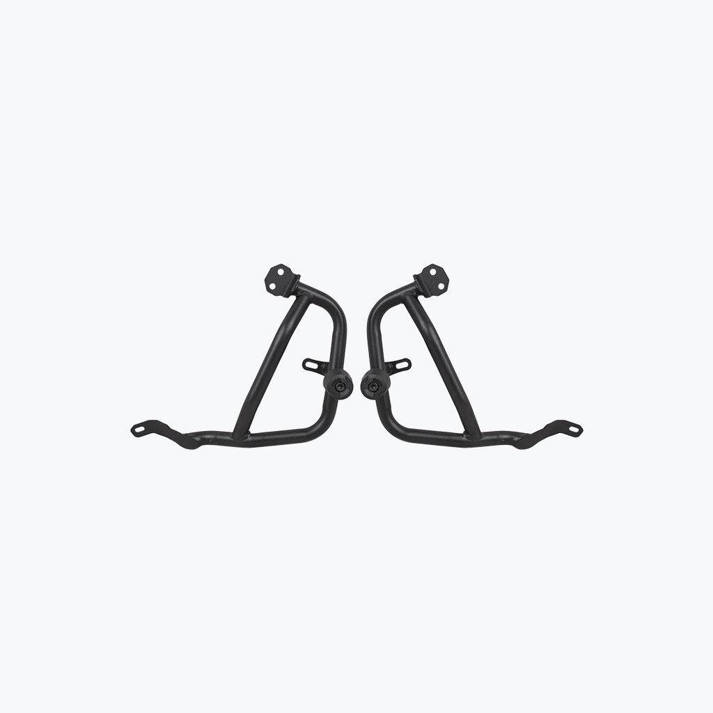 Pair of black motorcycle crash guard bars on a plain light background