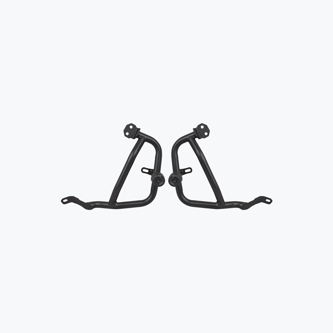 Pair of black motorcycle crash guard bars on a plain light background