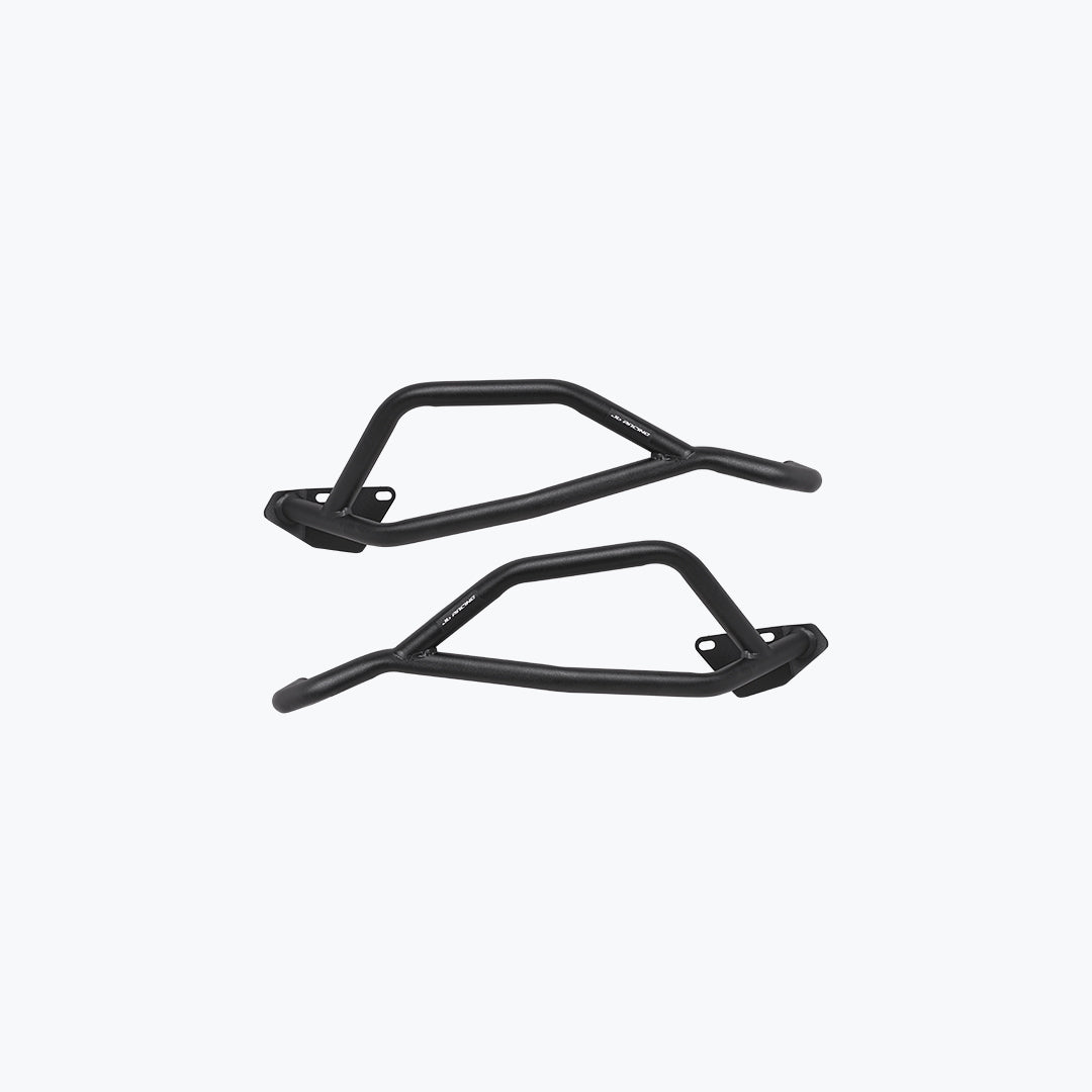 Pair of black motorcycle crash guard bars on a white background