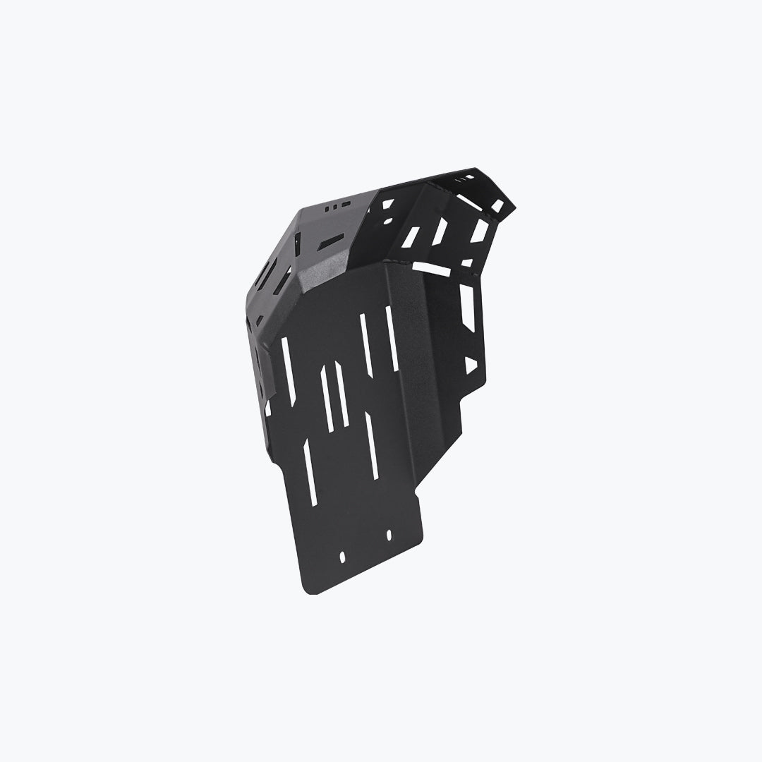 Black metal motorcycle skid plate with cut-out vents, isolated on white background