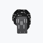 Black metal motorcycle skid plate with vented design on white background