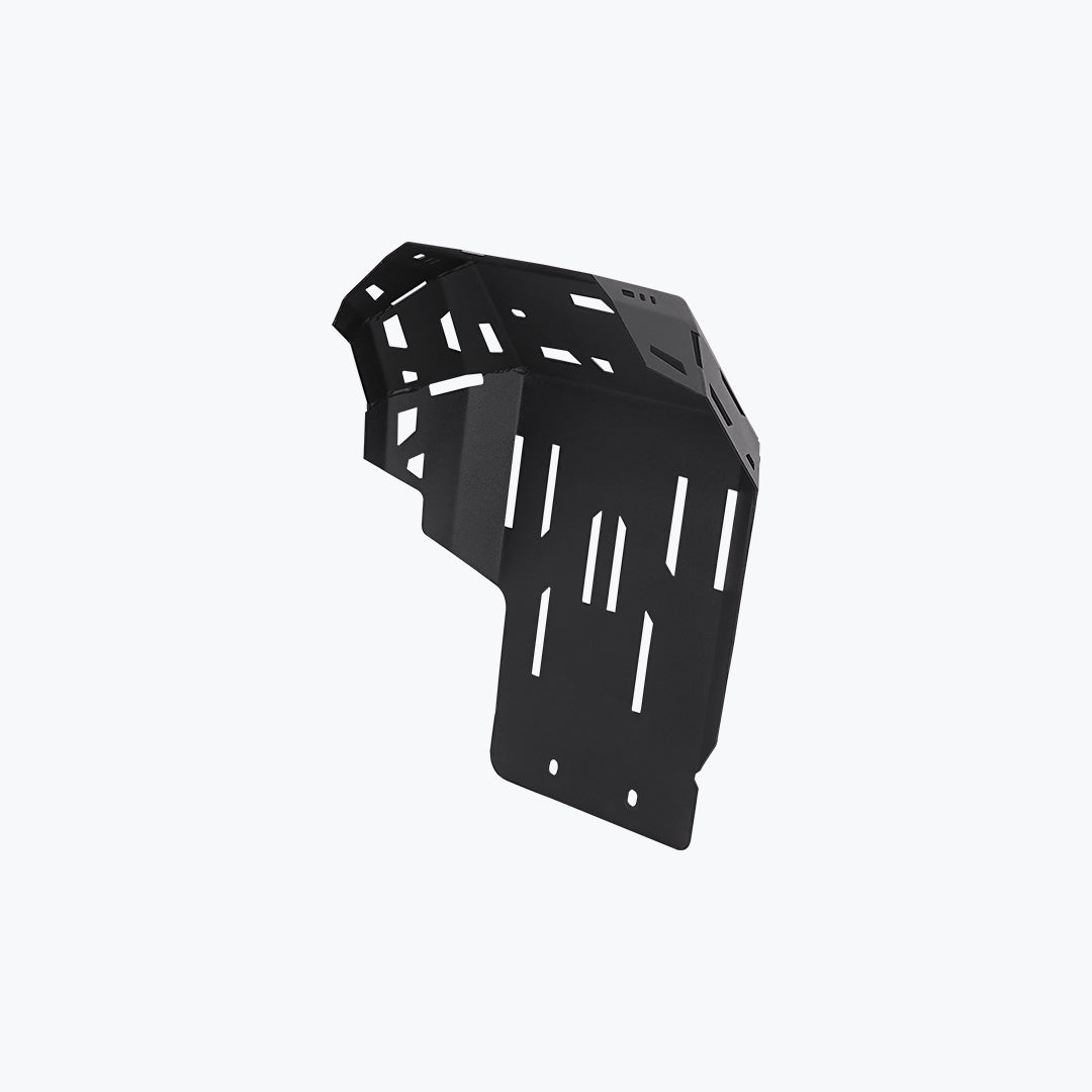 Black motorcycle skid plate with vented design, isolated on white background.