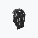 Black metal motorcycle skid plate with vented slots, isolated on white background