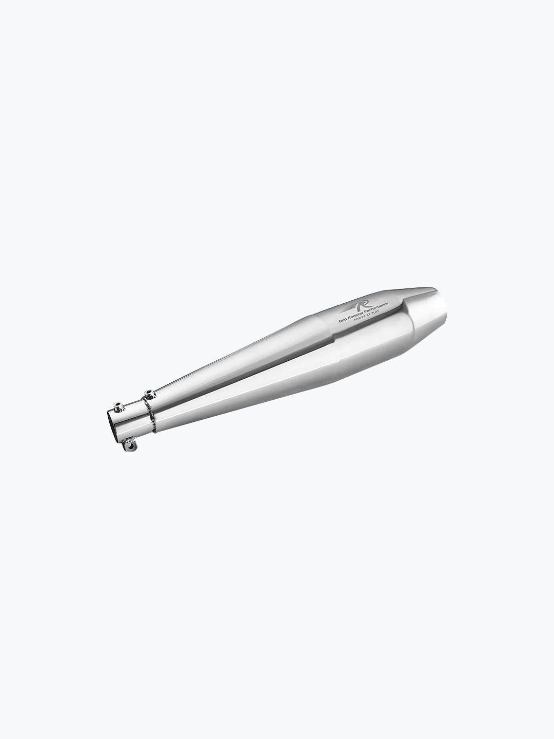 Polished chrome motorcycle exhaust muffler on a white background