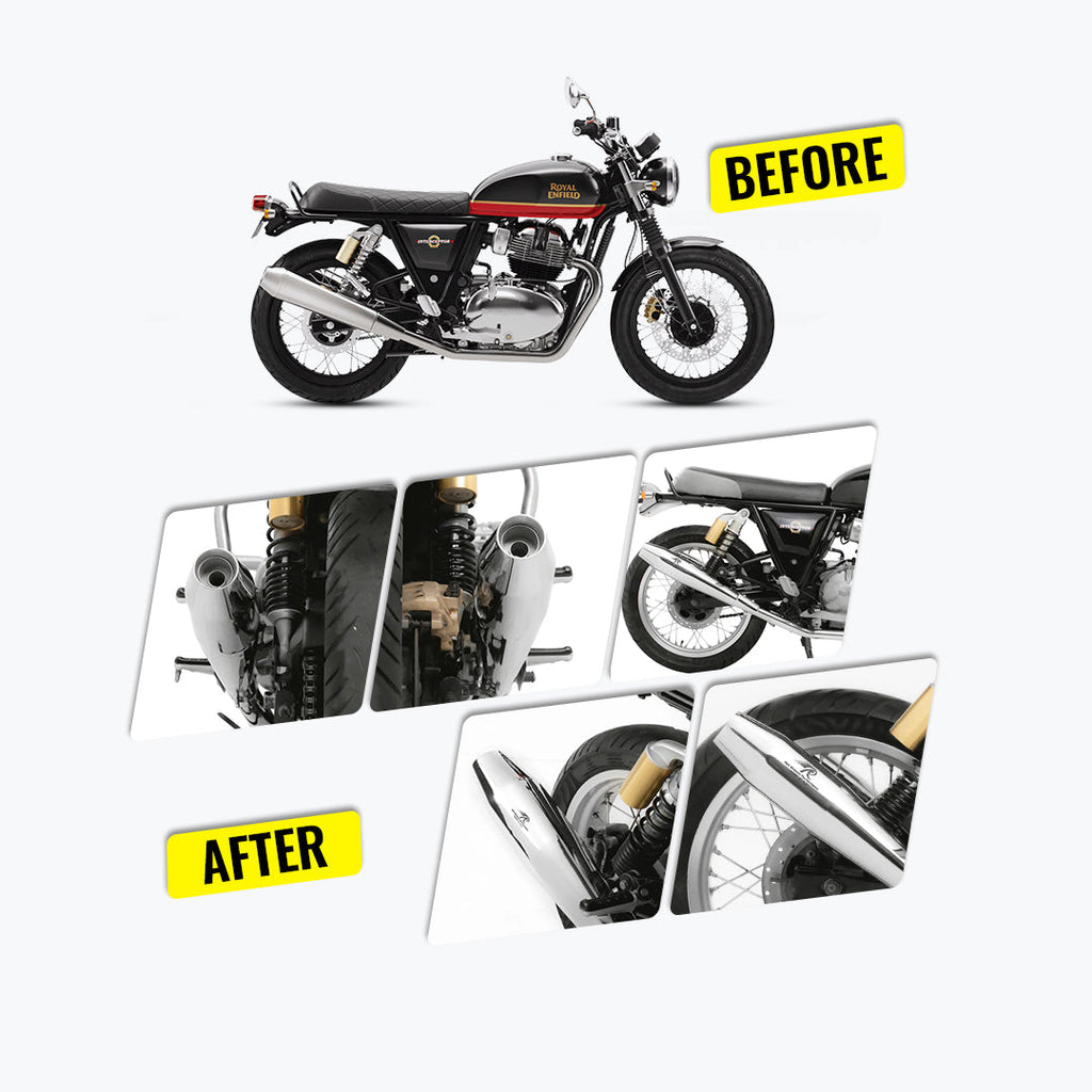 Royal Enfield Interceptor motorcycle before and after exhaust upgrade, rear view focus