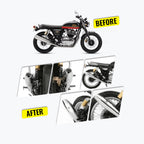 Royal Enfield Interceptor motorcycle before and after exhaust upgrade, rear view focus