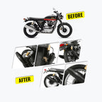 Royal Enfield Interceptor 650 motorcycle before and after installing matte black exhaust.