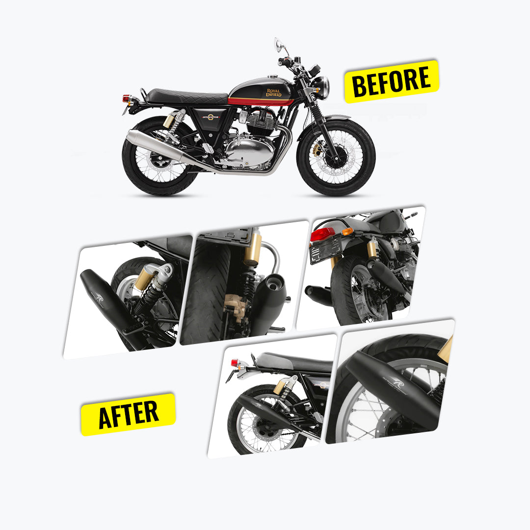 Royal Enfield Interceptor 650 motorcycle before and after installing matte black exhaust.