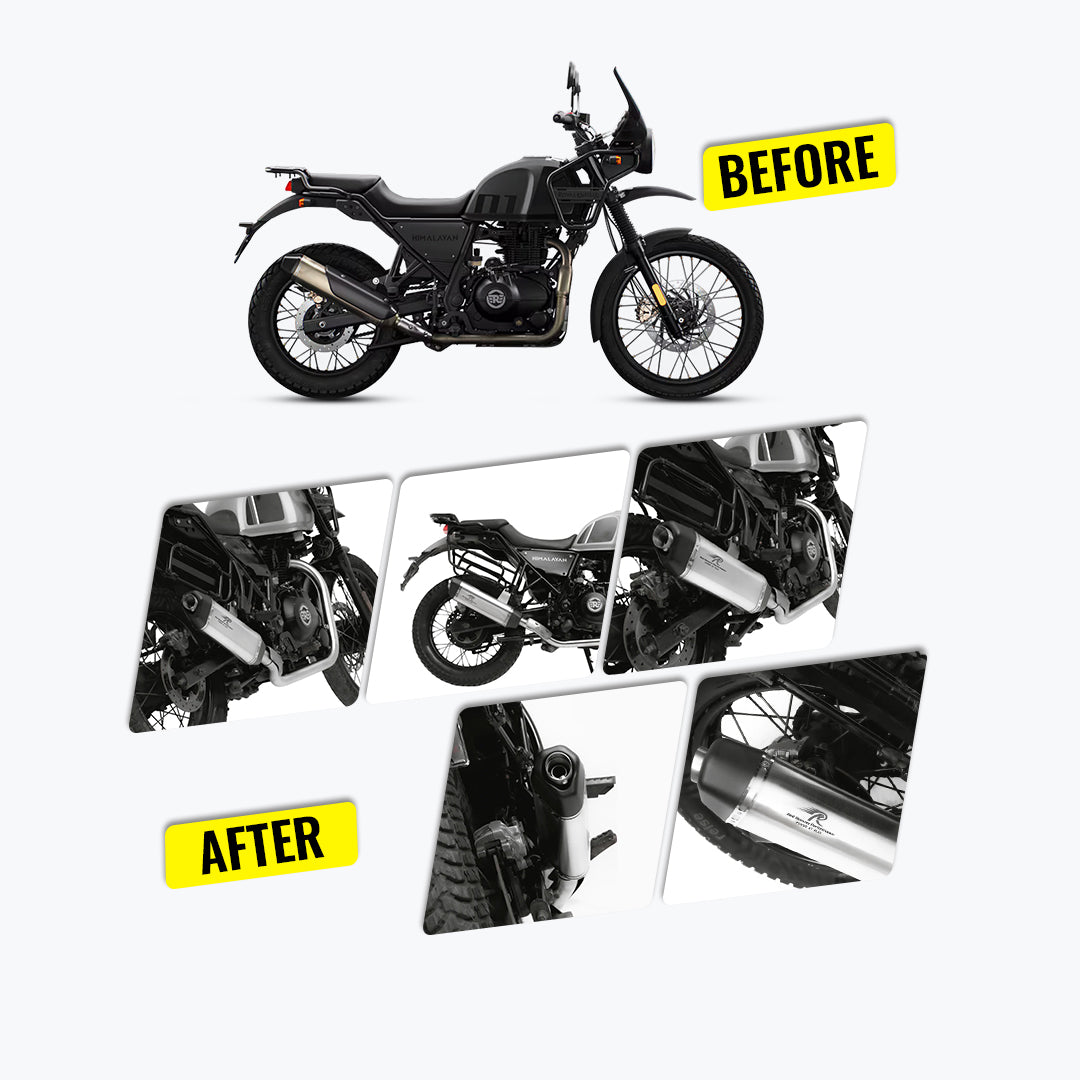 Royal Enfield Himalayan motorcycle before and after upgraded stainless steel exhaust installation