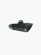Carbon fiber motorcycle exhaust muffler with metal brackets on white background