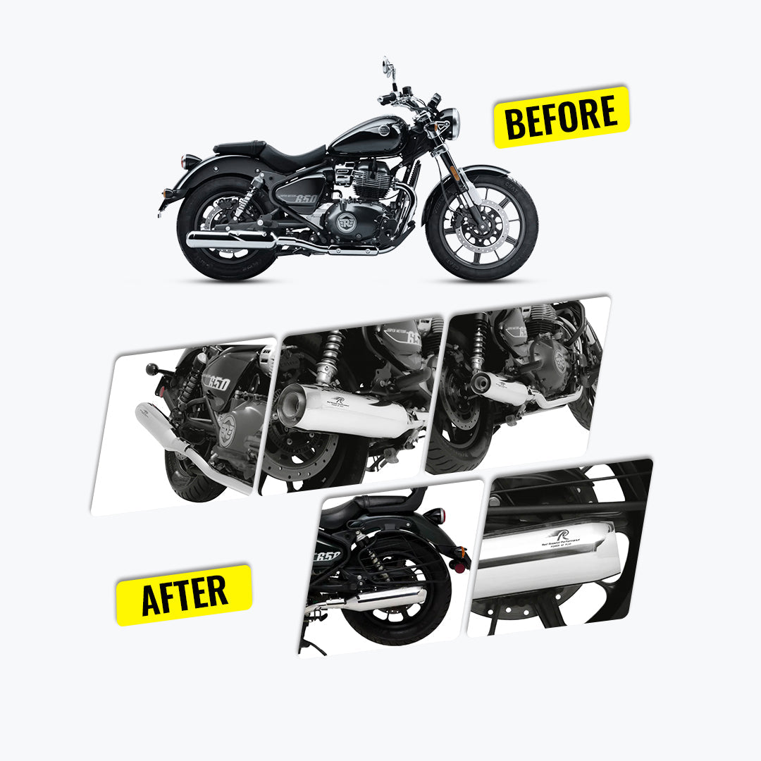 Meteor 650 motorcycle exhaust before and after Astral Polish upgrade comparison