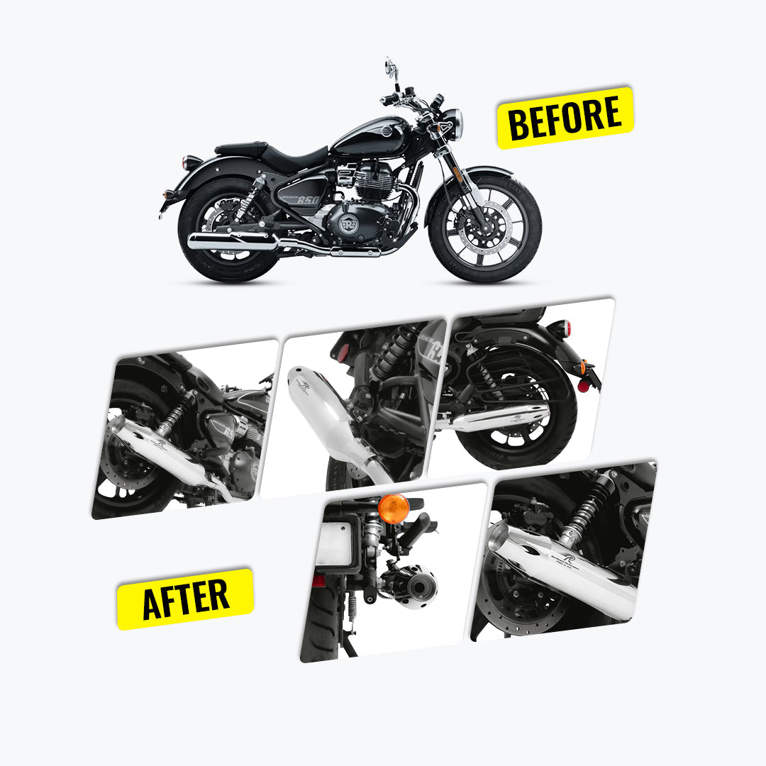 Motorcycle exhaust before and after upgrade, highlighting differences in silencer and rear details.