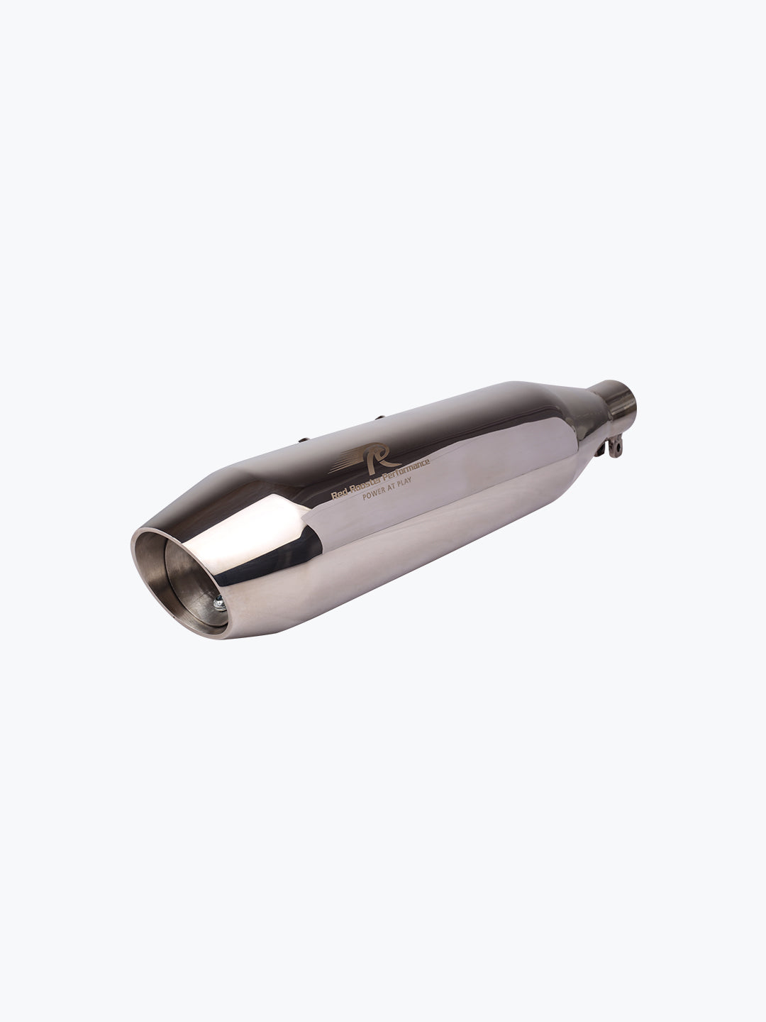 Polished motorcycle exhaust silencer for Hunter 350, chrome finish, isolated on white