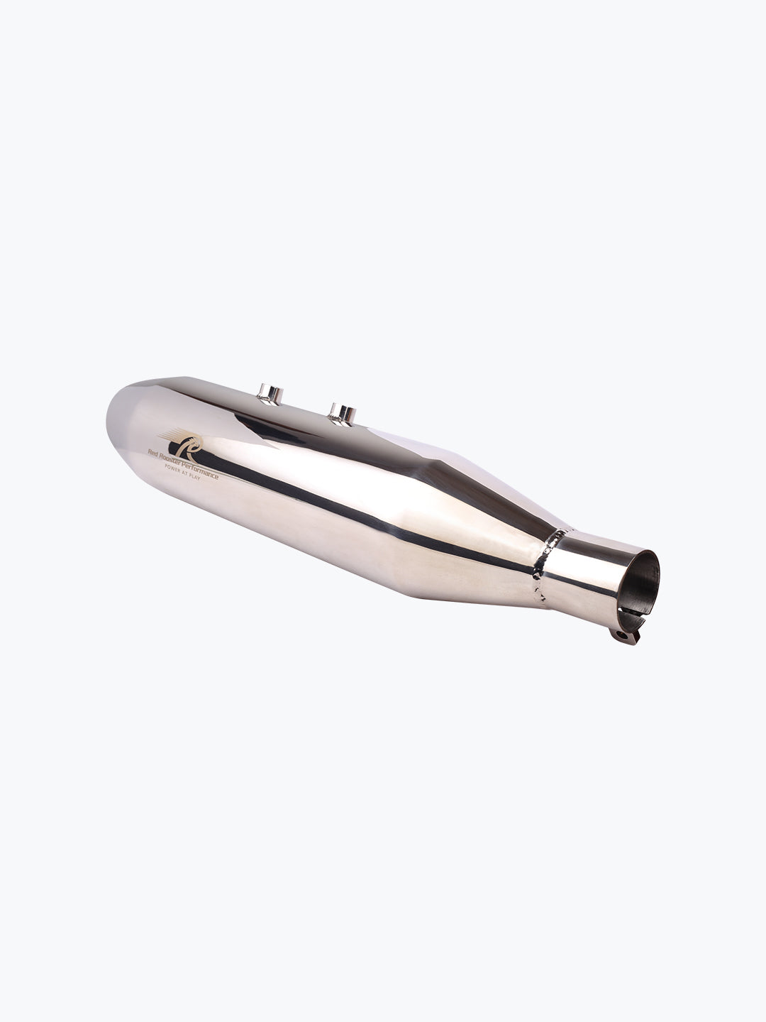 polished motorcycle exhaust silencer with chrome finish on white background
