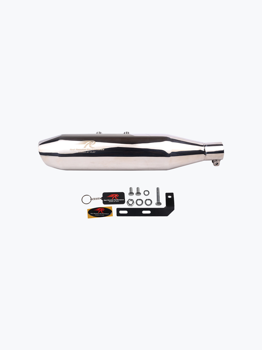 Polished motorcycle exhaust muffler with mounting bracket, bolts, and stickers set