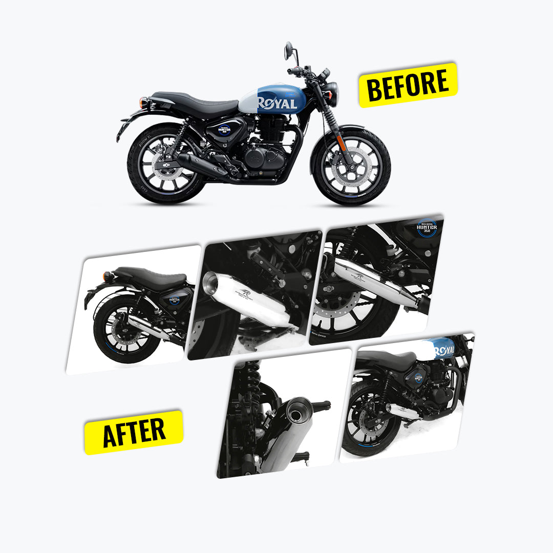 Royal Enfield Hunter 350 before and after with upgraded Polish Rumbler Max exhaust