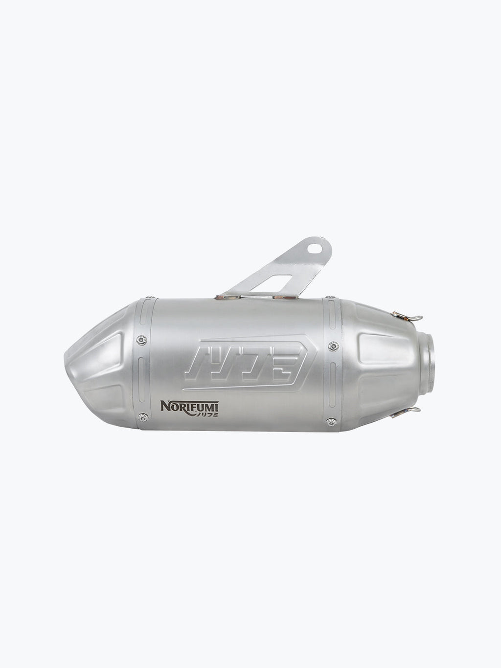Stainless steel motorcycle exhaust slip-on silencer with Norifumi logo on side