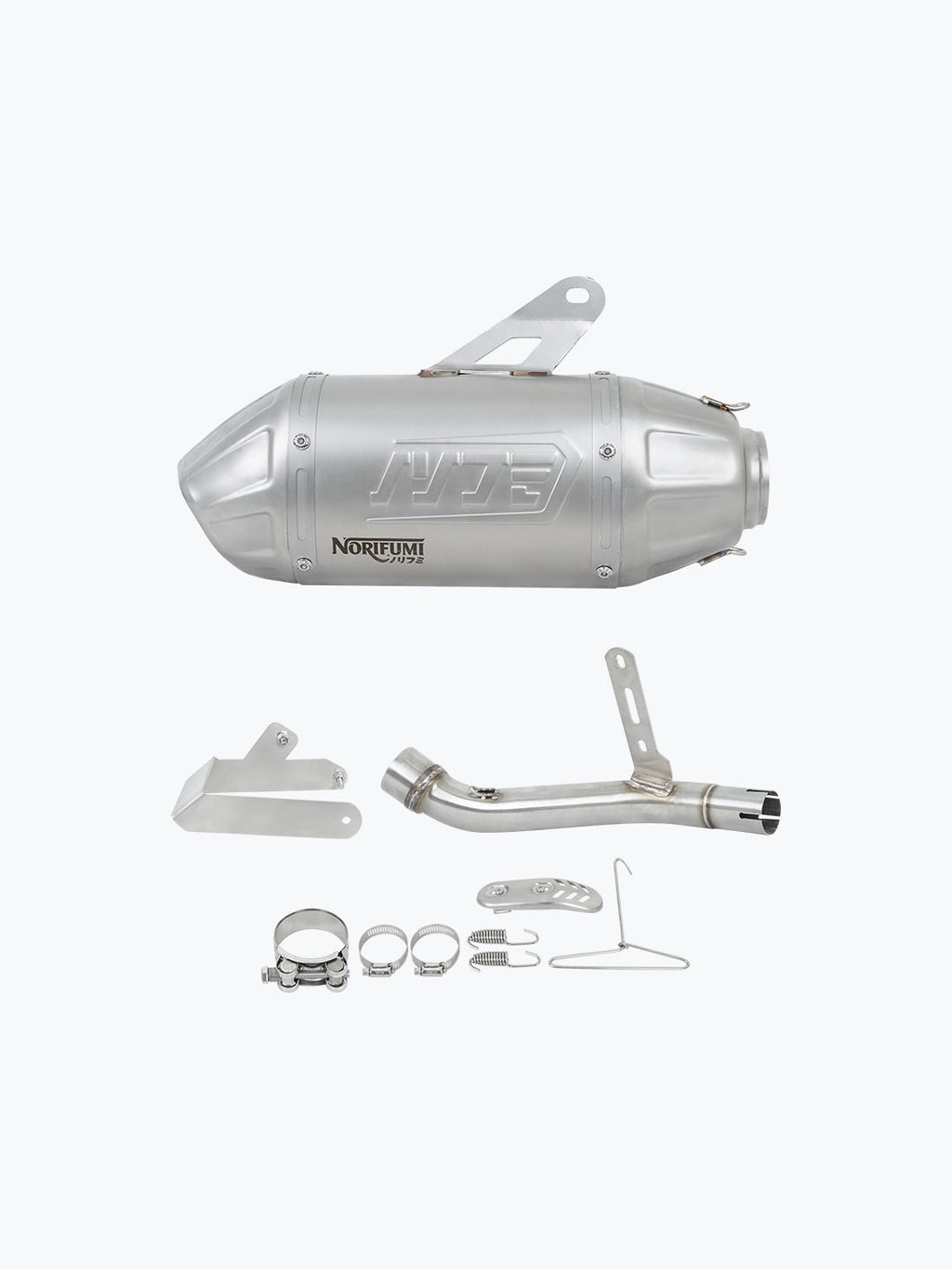 Stainless steel motorcycle slip-on exhaust kit with pipe, clamps, and mounting hardware