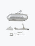 Stainless steel motorcycle slip-on exhaust kit with pipe, clamps, and mounting hardware