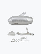 Stainless steel motorcycle slip-on exhaust kit with pipe, clamps, and mounting hardware