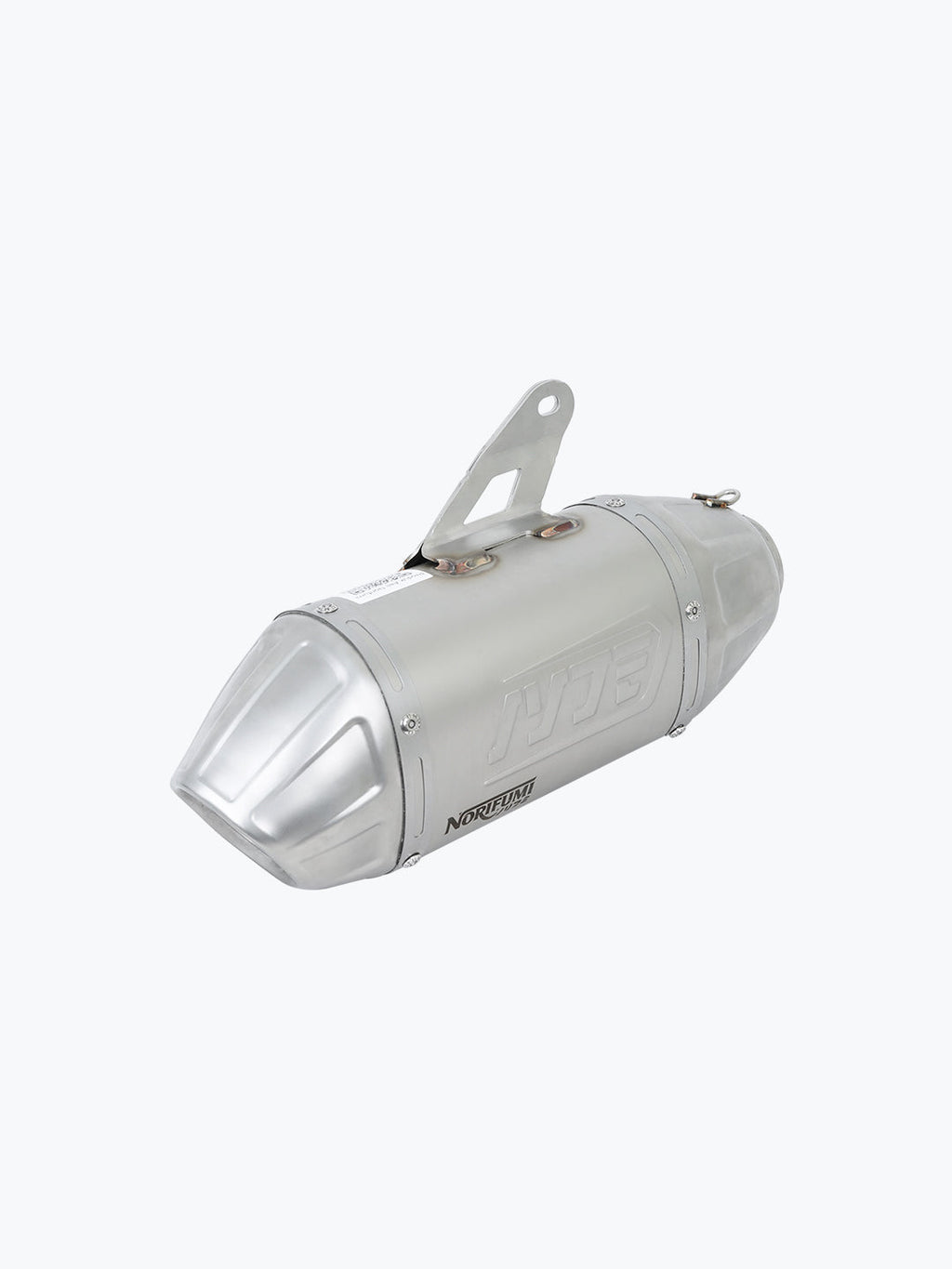 Silver Norifumi slip-on exhaust for Himalayan motorcycle, angled view on white background