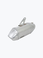 Silver Norifumi slip-on exhaust for Himalayan motorcycle, angled view on white background