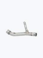 Stainless steel motorcycle slip-on exhaust pipe with mounting bracket on white background