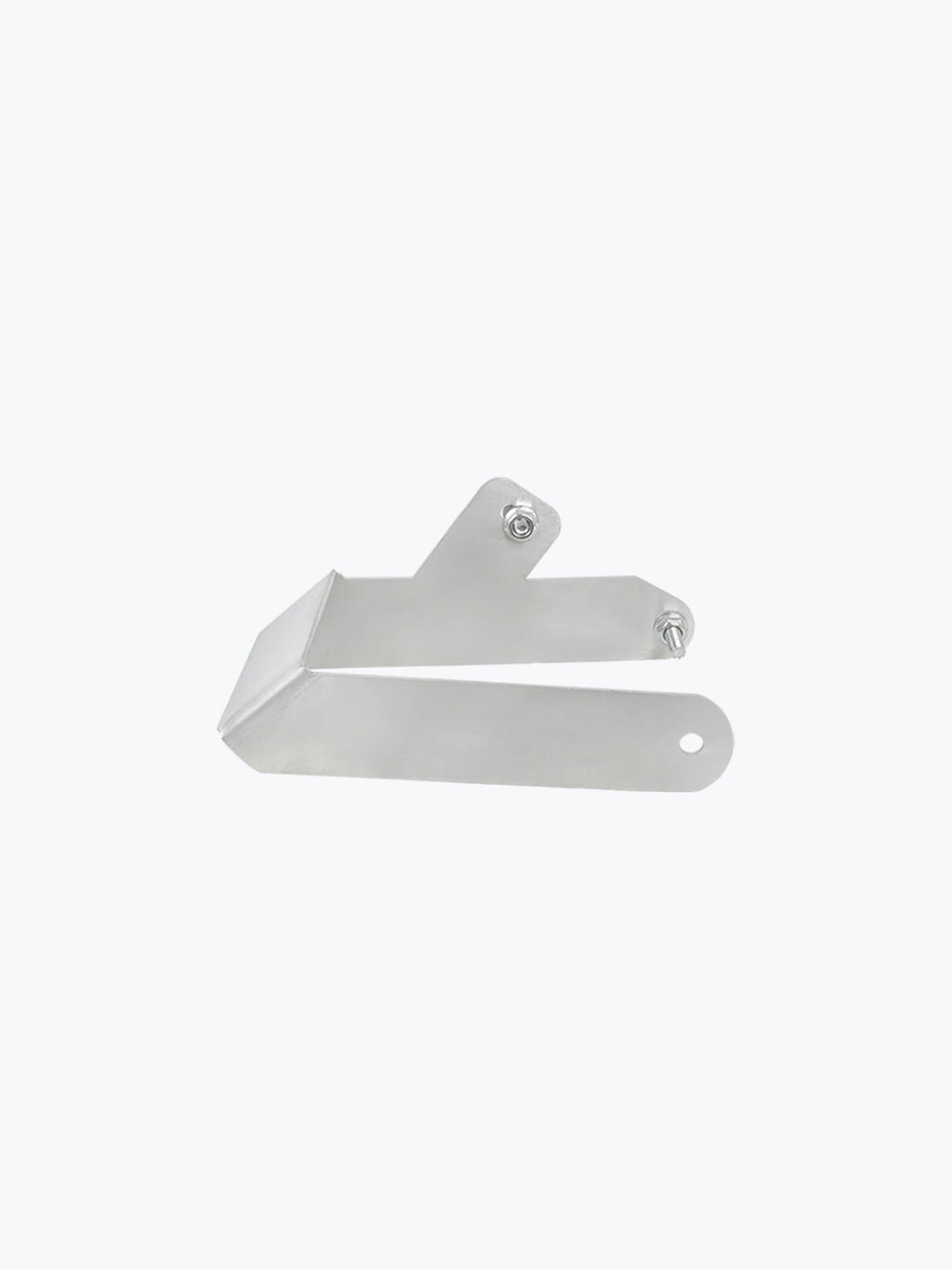 Stainless steel motorcycle exhaust bracket with bolts on white background