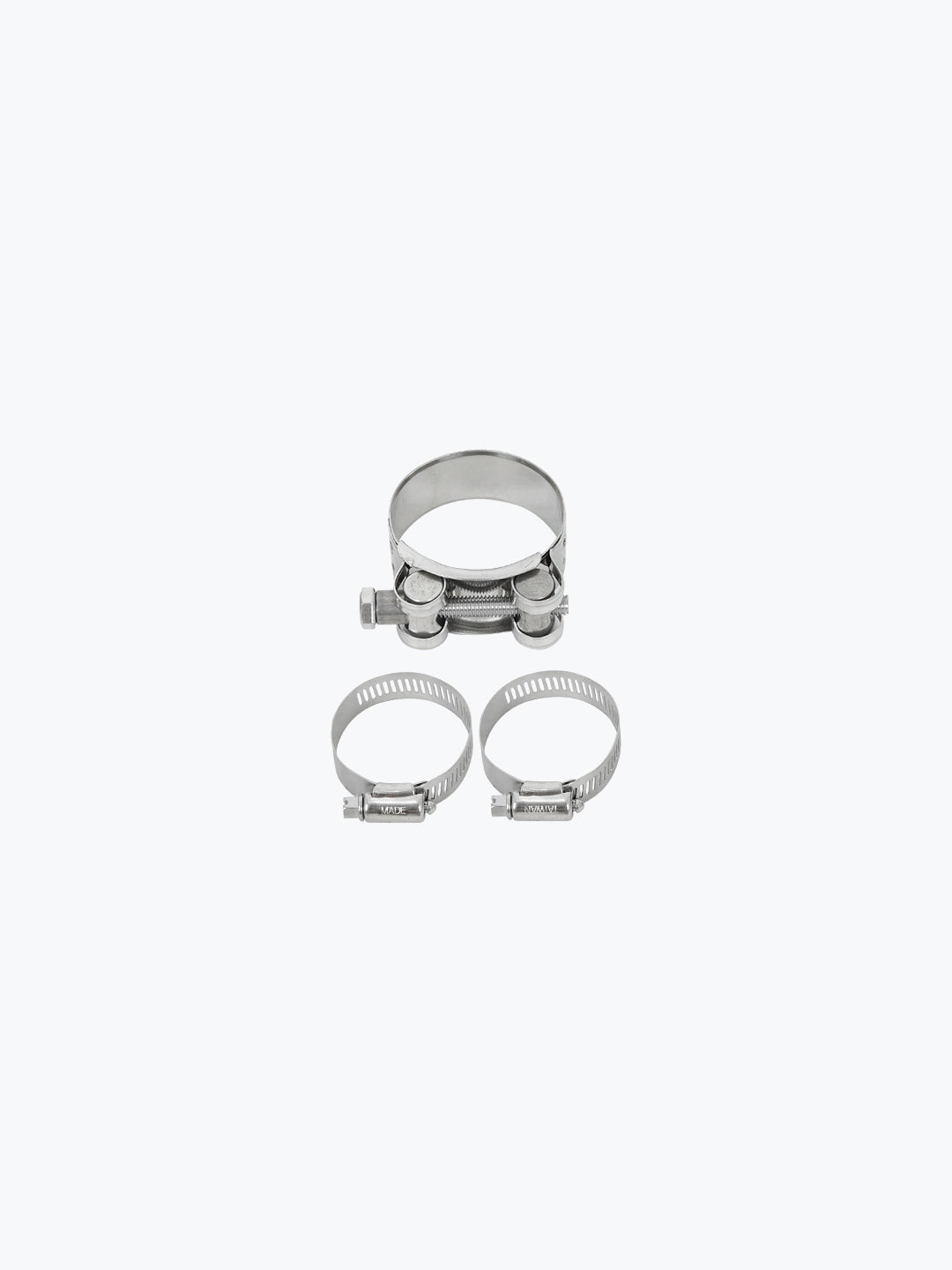 Three stainless steel exhaust clamp bands for motorcycle slip-on silencer, isolated on white.