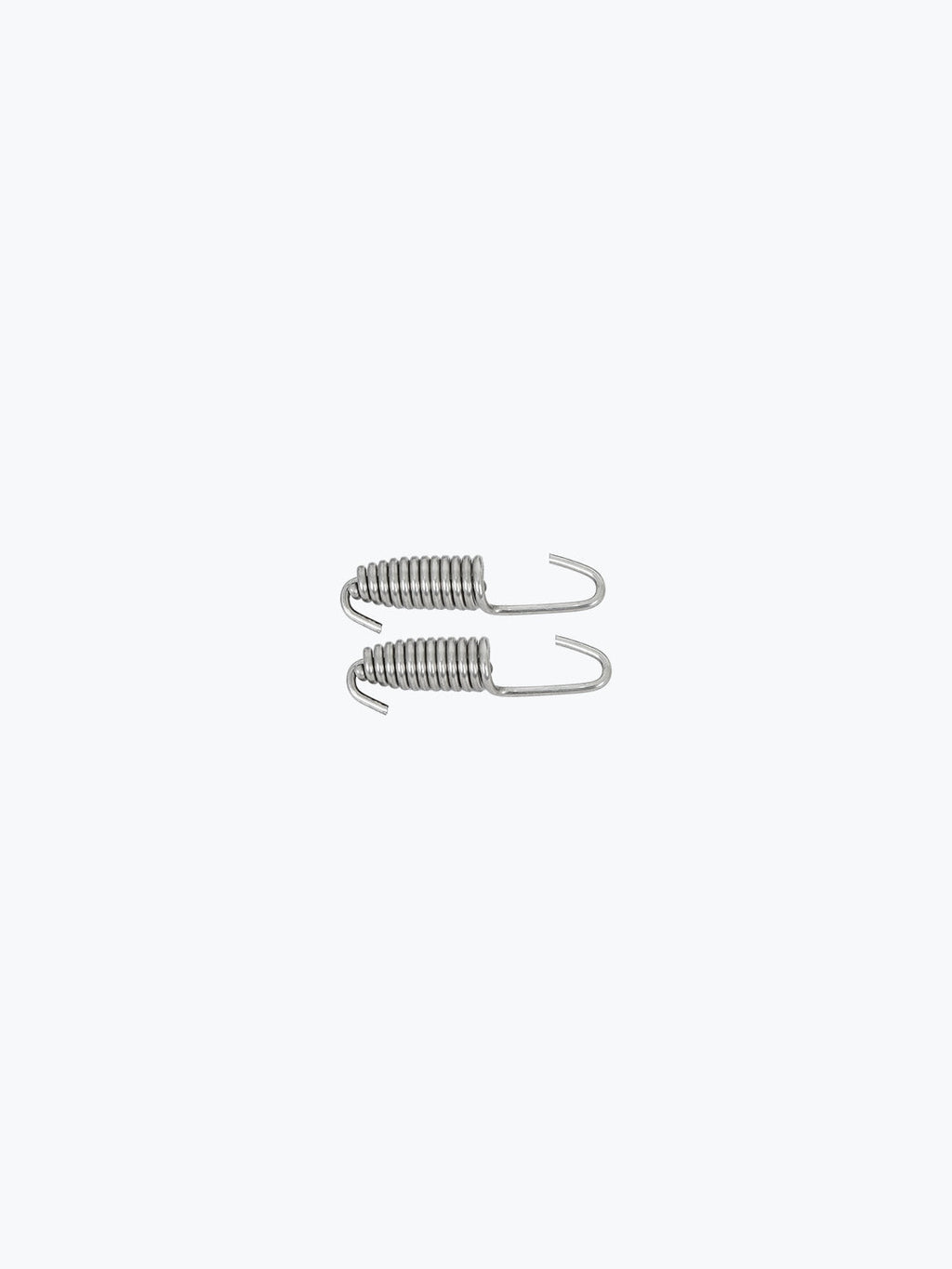 Pair of stainless steel exhaust springs for motorcycle slip-on system on white background