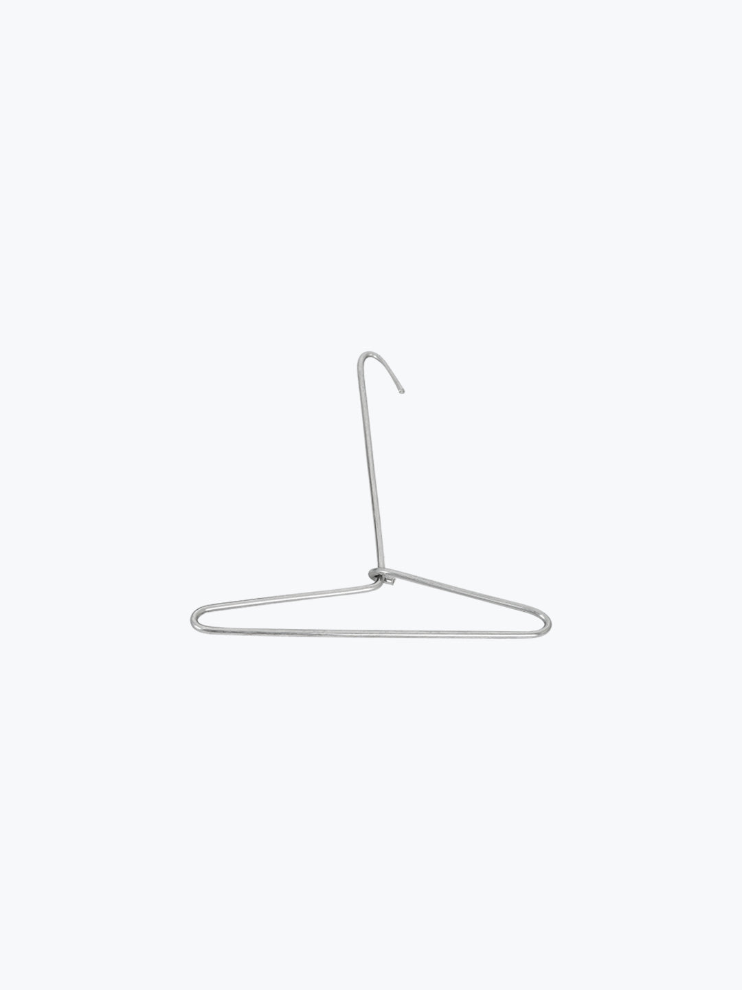 Triangle-shaped metal hanger with curved hook on plain white background