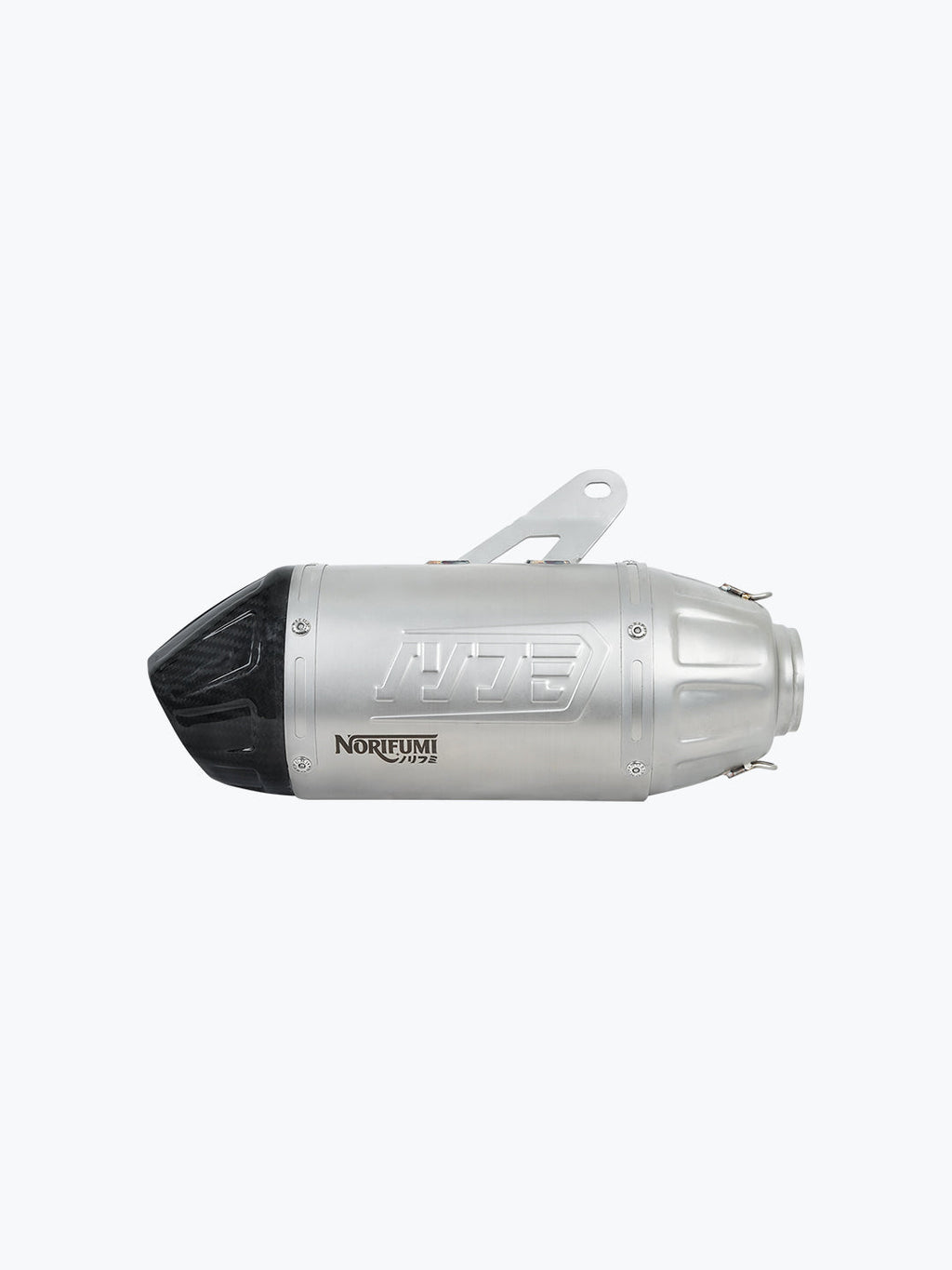 Stainless steel motorcycle exhaust slip-on with carbon tip and Norifumi logo, side view.