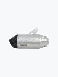 Stainless steel motorcycle exhaust slip-on with carbon tip and Norifumi logo, side view.
