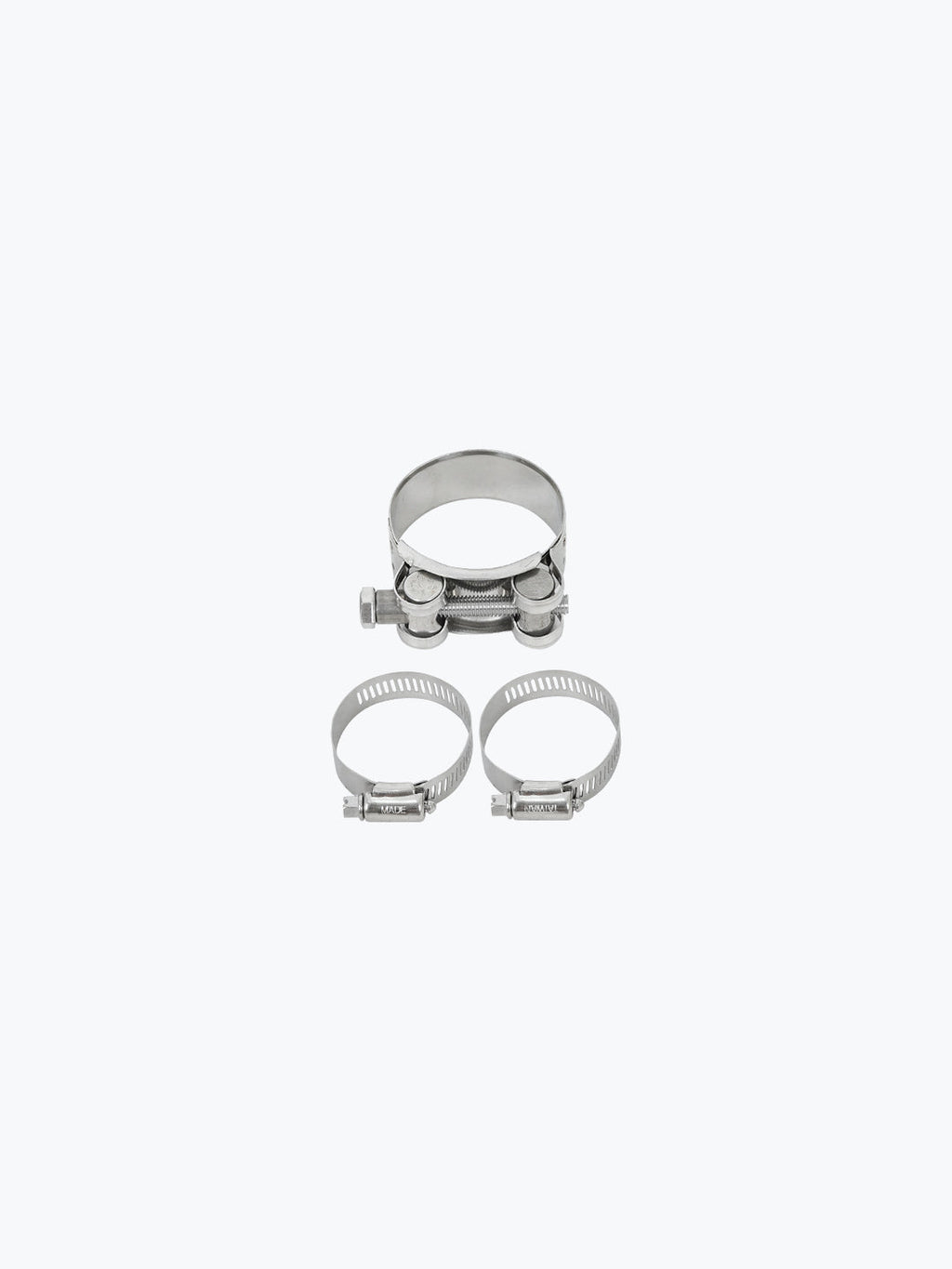 Three stainless steel exhaust clamps for motorcycle slip-on system on white background