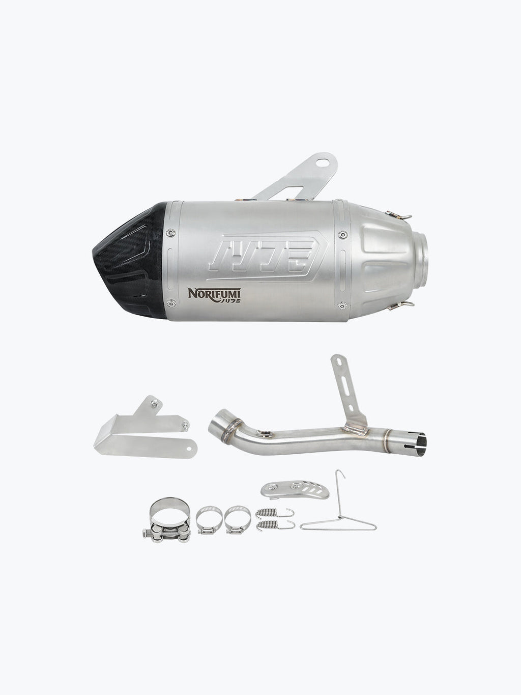 Motorcycle slip-on exhaust system with carbon tip and installation hardware kit
