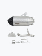 Motorcycle slip-on exhaust system with carbon tip and installation hardware kit