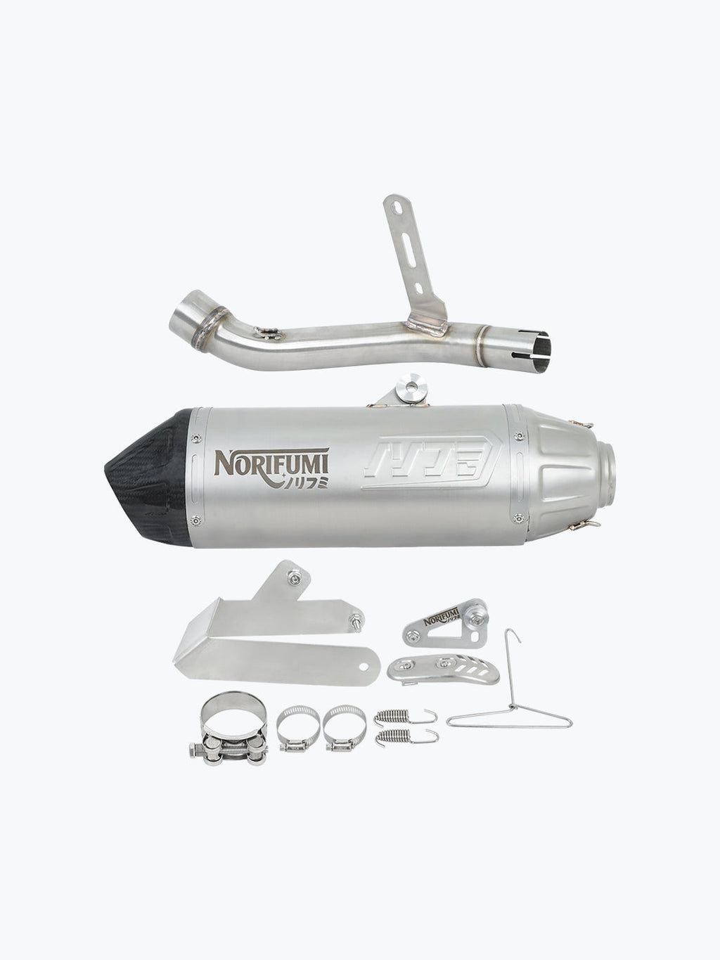 Stainless steel motorcycle slip-on exhaust system with carbon tip and mounting hardware.